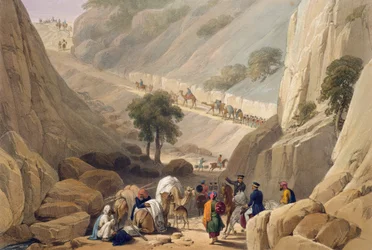 De troepen komen uit het smalle deel van de kloof in de Koojah-pas, uit 